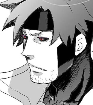 1boy bantrain facial_hair gambit lowres male_focus marvel neck_brace popped_collar red_eyes sketch solo spot_color stubble togatsuko x-men