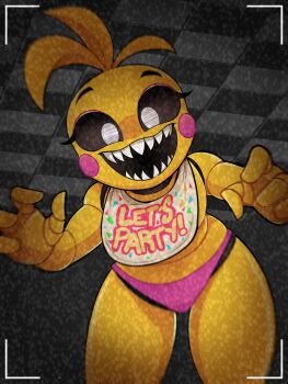 1girl black_sclera blonde_hair blush_stickers colored_sclera cowboy_shot drawmatt five_nights_at_freddy's furry highres looking_at_viewer open_mouth panties pink_panties recording sharp_teeth smile solo teeth toy_chica underwear white_eyes