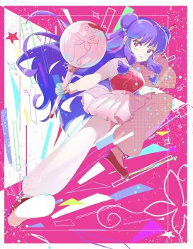 Rule 34 | 1girl, armor, breastplate, chui (weapon), double bun, en 0410, hair bun, highres, holding, holding weapon, long hair, multicolored background, pants, purple hair, ranma 1/2, red eyes, red footwear, shampoo (ranma 1/2), sidelocks, smile, star (symbol), weapon, white pants