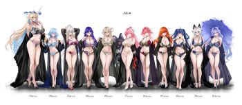 6+girls aemeath_(wuthering_waves) augusta_(wuthering_waves) bare_legs bare_shoulders black_bra black_horns black_panties black_shoes blonde_hair blue_bra blue_flower blue_hair blue_panties blush bra breasts cantarella_(wuthering_waves) changli_(wuthering_waves) cleavage closed_mouth collarbone commentary curled_horns earrings english_commentary fleurdelys_(wuthering_waves) flower green_bra green_panties grey_hair hair_between_eyes hair_flower hair_ornament hand_up height_difference high_heels highres hiyuki_(wuthering_waves) holding holding_stuffed_toy holding_umbrella horns huge_breasts iuno_(wuthering_waves) jewelry large_breasts legs long_hair long_horns looking_at_viewer lucilla_(wuthering_waves) lynae_(wuthering_waves) m_(1n910) multiple_girls navel necklace open_mouth orange_hair panties parasol pink_hair pointy_ears ponytail purple_eyes purple_hair robe shoes shorekeeper_(wuthering_waves) simple_background single_horn smile standing stomach stuffed_animal stuffed_cat stuffed_toy tail tall_female thighs twintails umbrella underwear underwear_only very_long_hair white_background white_hair wuthering_waves yellow_bra yellow_horns yellow_panties zani_(wuthering_waves)