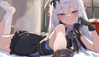 1girl absurdres bare_shoulders black_bow black_dress black_gloves blue_dress blue_eyes blurry blurry_background blush bow bowtie closed_mouth coat_dress collared_dress curtains dress fang feet female_tyrant_(stella_sora) foreshortening frilled_dress frilled_gloves frills gloves grey_hair head_tilt highres indoors jewelry key key_necklace layered_dress looking_at_viewer lying necklace no_shoes on_bed on_stomach pointy_ears r_bareung skin_fang smile socks solo stella_sora the_pose tyrant_(stella_sora) white_socks window