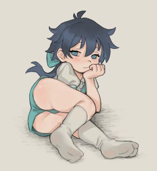 1boy ass black_hair character_request closed_mouth commentary copyright_request english_commentary full_body grey_background hair_between_eyes hand_on_own_chest highres lloyd_de_saloum looking_at_viewer lying male_focus no_shoes on_side short_hair shota simple_background snugglepuff28 socks solo tensei_shitara_dai_nana_oji_datta_no_de:_kimama_ni_majutsu_o_kiwamemasu thighs toes trap white_socks