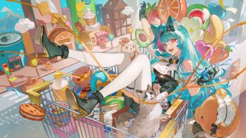 1girl absurdres animal_ear_fluff aqua_hair arm_up balloon bare_shoulders black_boots black_gloves black_hairband black_unitard boots breasts can chinese_commentary clothing_cutout commentary_request drink_can gloves hairband high_heel_boots high_heels highres holding holding_can in_shopping_cart large_breasts long_hair looking_at_viewer mint_(neverness_to_everness) multicolored_hair neverness_to_everness open_mouth pink_eyes shopping_cart shoulder_cutout shu_bing smile solo streaked_hair thighhighs white_thighhighs