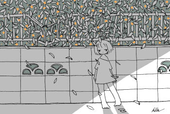 Rule 34 | 1girl, absurdres, arms at sides, barefoot, commentary, falling leaves, gold osmanthus, highres, kaduise, leaf, limited palette, looking at viewer, no pants, original, outdoors, oversized clothes, oversized shirt, shirt, short sleeves, signature, solo, standing