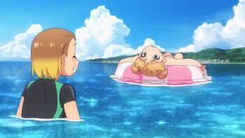 2025 20s 2girls animated animated_gif anime_screenshot arm_up bikini blonde_hair blue_sky breasts brown_hair cloud collarbone green_eyes hair_bun kasamaru_aoi large_breasts medium_hair multiple_girls ocean orange_hair pink_bikini rash_guard rubber_ring ruri_no_houseki short_hair sky small_breasts splashing swimsuit tagme tanigawa_ruri yellow_eyes