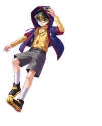 Rule 34 | 1boy, black footwear, black hair, black shorts, blonde hair, blue jacket, collared shirt, commentary, digimon, digimon card game, digimon liberator, hood, hood up, hooded jacket, jacket, jewelry, multicolored hair, official art, pendant, shirt, shorts, simple background, solo, streaked hair, transparent background, winr (digimon), yellow shirt