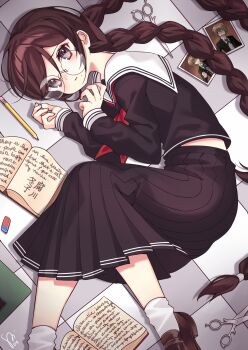1girl book braid brown_hair brown_shoes collared_shirt commentary_request danganronpa:_trigger_happy_havoc danganronpa_(series) dated eraser eyelashes from_above fukawa_toko hair_between_eyes highres long_hair long_sleeves looking_at_viewer lying neckerchief on_side open_book pencil photo_(object) purple_eyes purple_serafuku purple_shirt purple_skirt red_neckerchief sailor_collar school_uniform scissors serafuku shirt shoes signature skirt skirt_set socks solo tile_floor tiles togami_byakuya twin_braids twintails very_long_hair watashishi white_sailor_collar white_socks