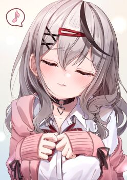 1girl absurdres black_choker black_streaks blush cardigan choker closed_eyes closed_mouth collared_shirt commentary_request grey_hair hair_ornament hairpin highres hololive looking_at_viewer multicolored_hair musical_note o-ring o-ring_choker official_alternate_costume open_mouth pink_cardigan sakamata_chloe sakamata_chloe_(gyarumata) shagaihi shirt solo spoken_musical_note streaked_hair virtual_youtuber white_background white_shirt x_hair_ornament