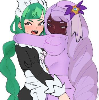 2girls apron arms_around_neck averting_eyes black_dress blush braid braided_ponytail brown_eyes dark-skinned_female dark_skin dress fascinator green_hair hug jacinthe_(pokemon) juliet_sleeves lebanne_(pokemon) long_hair long_sleeves looking_at_viewer low_drills maid_apron maid_headdress mega_stone multiple_girls nintendo pokemon pokemon_legends:_z-a puffy_sleeves purple_dress purple_eyes purple_hair single_braid smile sweatdrop very_dark_skin yawntchi yuri