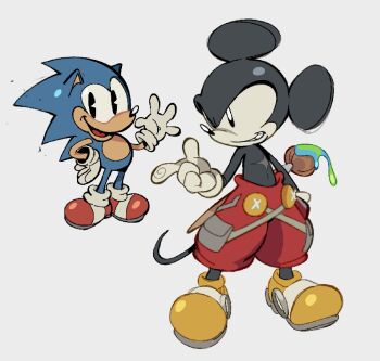 2boys full_body highres looking_at_viewer male_focus mickey_mouse mickey_mouse_&amp;_friends multiple_boys pants red_pants simple_background smirk sonic_(series) sonic_the_hedgehog tuckeryart white_background