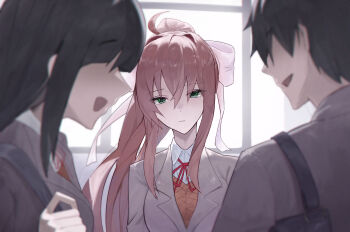 1boy 2girls :d absurdres bag black_hair blank_eyes blank_stare blazer blurry blurry_foreground blush bow breasts brown_hair closed_mouth collared_shirt depth_of_field doki_doki_literature_club doki_doki_literature_club_school_uniform green_eyes grey_jacket hair_between_eyes hair_bow hair_ornament hair_ribbon happy highres indoors jacket jealous large_breasts long_hair long_sleeves monika_(doki_doki_literature_club) multiple_girls neck_ribbon no_eyes open_mouth orange_sweater_vest orange_vest ponytail protagonist_(doki_doki_literature_club) red_ribbon ribbon sad school_uniform shirt short_hair shoulder_bag sidelocks smile sweater_vest upper_body vest vyva white_bow white_ribbon wind window yuri_(doki_doki_literature_club)