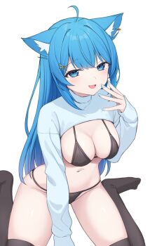 1girl ahoge animal_ears between_legs bikini black_bikini black_thighhighs blue_eyes blue_hair blue_nails cat_ears hair_ornament hand_between_legs hand_up highres long_hair long_sleeves looking_at_viewer nail_polish nanashi_inc. navel nishino_eri no_pants no_shoes open_mouth shrug_(clothing) simple_background sitting smile solo souya_ichika stomach string_bikini swimsuit thighhighs thighs turtleneck virtual_youtuber wariza white_background white_shrug x_hair_ornament