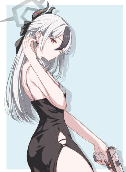 1girl aqua_background black_dress black_hair black_horns blue_archive bright_pupils clothing_cutout commentary demon_horns diamond_cutout dress ear_piercing from_side grey_halo gun h&amp;k_p30 hair_between_eyes halo hand_up handgun highres holding holding_gun holding_weapon horns kayoko_(blue_archive) kayoko_(dress)_(blue_archive) kooriyama_azuki long_hair looking_at_viewer multicolored_hair official_alternate_costume outside_border panty_straps piercing red_eyes shadow side_cutout solo tucking_hair two-tone_hair upper_body weapon white_hair white_pupils