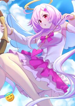 1girl ahoge amane_karen arrow_(projectile) arrow_through_heart bare_shoulders blue_sky bow bow_(weapon) bowtie breasts cloud cloudy_sky detached_sleeves dress emoji frilled_dress frills gold_trim halo heart heart_ahoge highres holding holding_arrow holding_bow_(weapon) holding_weapon jikkyou_powerful_pro_yakyuu long_hair off-shoulder_dress off_shoulder open_mouth pink_bow pink_bowtie pink_dress pink_hair red_eyes same_kujira_(challenger_310) sky solo traditional_halo weapon white_wings wings