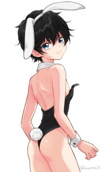 1boy ass back bare_legs black_hair cropped_legs detached_collar hair_between_eyes koriina leotard male_focus original rabbit_ears rabbit_tail short_hair solo sweatdrop wrist_cuffs