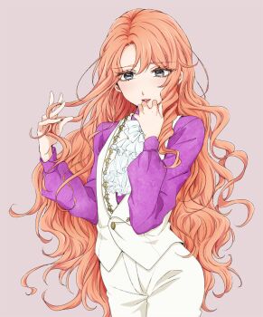 1boy ascot blonde_hair collared_shirt colored_eyelashes commentary_request contrapposto cowboy_shot curtained_hair frilled_ascot frills gold_trim grey_background grey_eyes hand_in_own_hair hand_to_own_mouth hands_up light_blush long_hair long_sleeves looking_at_viewer male_focus maraich_juschenfe msh_chaba69 pale_skin pants parted_bangs parted_hair parted_lips patalliro! pink_lips puffy_long_sleeves puffy_sleeves purple_shirt raised_inner_eyebrows shirt simple_background solo trap very_long_hair vest waistcoat wavy_hair white_ascot white_pants white_vest