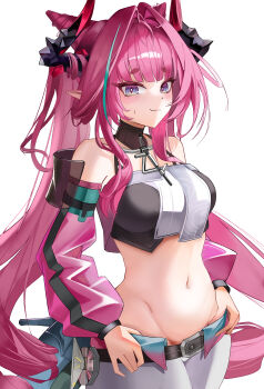 Rule 34 | 1girl, absurdres, aqua hair, arknights, arknights: endfield, black horns, black tube top, blush, breasts, commentary, detached sleeves, groin, hair intakes, hair on horn, highres, horns, large breasts, long hair, looking at viewer, luto, midriff, multicolored hair, multicolored horns, navel, pants, pink hair, pink horns, pointy ears, purple eyes, simple background, solo, strapless, streaked hair, tube top, two-tone hair, two-tone horns, very long hair, white background, white pants, yvonne (arknights)