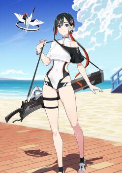 1girl arm_at_side beach black_hair blue_eyes blue_sky bracelet breasts closed_mouth clothing_cutout cloud collarbone contrapposto covered_navel crop_top day fate/grand_order fate_(series) feet_out_of_frame game_cg hair_ornament high_collar holding_strap jeunesse_crane_(fate) jeunesse_crane_(first_ascension)_(fate) jewelry long_hair looking_at_viewer low_ponytail medium_breasts miss_crane_(fate) multicolored_hair ocean official_art one-piece_swimsuit origami outdoors paper_crane ponytail sandals shaka_p side_cutout single_bare_leg single_bare_shoulder skindentation sky smile solo streaked_hair swimsuit swimsuit_under_clothes thigh_strap third-party_source two-tone_hair variant_set weapon weapon_bag white_one-piece_swimsuit