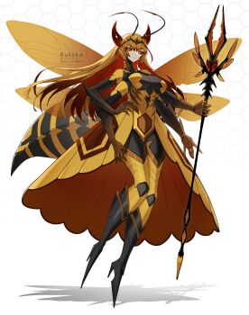 +_+ 1girl absurdres antennae arthropod_girl arthropod_tail bee_girl blonde_hair boots colored_inner_hair colored_sclera commentary_request dress extra_arms full_body hand_on_own_hip high_heel_boots high_heels highres holding holding_polearm holding_weapon honeycomb_(pattern) honeycomb_background horns insect_girl insect_wings long_hair looking_at_viewer multicolored_hair original polearm red_eyes red_hair red_horns red_sclera ruteko_(ruko220) shadow solo tail very_long_hair weapon white_background wings yellow_dress
