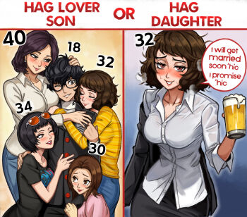 1boy 4girls affectionate_harem age_difference alcohol amamiya_ren beer beer_mug black_hair black_jacket blush breasts brown_eyes brown_hair character_age commentary cup drunk english_commentary english_text glasses hair_between_eyes harem height_difference highres in-franchise_crossover jacket kashiwagi_noriko kawakami_sadayo large_breasts long_hair looking_at_viewer mature_female mug multiple_girls neggoartz ohya_ichiko persona persona_4 persona_5 persona_5:_the_phantom_x school_uniform short_hair shuujin_academy_school_uniform smile speech_bubble spinster takemi_tae tomiyama_kayo trait_connection wrinkled_skin