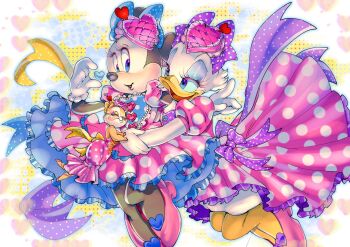 Rule 34 | 3girls, animal ears, blue eyes, bow, chipmunk ears, chipmunk girl, clarice (disney), daisy duck, disneyland, dress, eyelashes, gqr ko, hair ornament, highres, looking at viewer, mickey mouse &amp; friends, minnie mouse, mouse ears, mouse girl, mouse tail, multiple girls, open mouth, polka dot, smile, tail