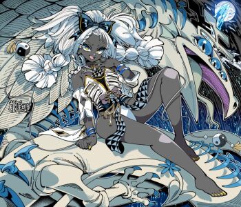 1girl animal bare_shoulders bone braid building claws colored_skin commission corset creature dark-1girl dark-skinned_female dark_skin detached_sleeves dragon extra_eyes feathers feet flat_chest full_body grey_skin hand_on_own_chest kafun moon night open_mouth original ribs riding skull smile snake tongue tongue_out white_hair white_skin yellow_eyes yin_yang