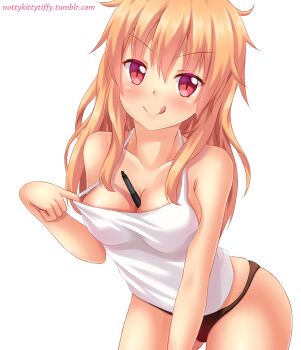 1girl :p artist_self-insert bare_shoulders blonde_hair breasts camisole cleavage collarbone commentary cowboy_shot female_focus highres leaning_forward long_hair looking_at_viewer medium_breasts no_pants nottytiffy original panties pen red_eyes solo tiffy_(nottytiffy) tongue tongue_out underwear v-shaped_eyebrows watermark web_address white_background