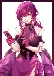 Rule 34 | 1girl, :d, bare shoulders, black border, border, breasts, cellphone, cleavage, commentary request, cowboy shot, detached sleeves, dress, earrings, gloves, highres, holding, holding phone, honkai: star rail, honkai (series), jewelry, kafka (honkai: star rail), large breasts, long hair, official alternate costume, open mouth, phone, pochimaru (marumaru wanwan), purple dress, purple eyes, purple gloves, purple hair, see-through, see-through cleavage, short sleeves, smartphone, smile, solo, standing