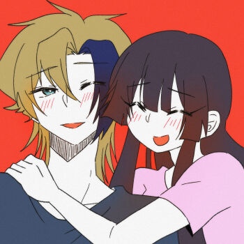 1boy 1girl absurdres ash_phoenix black_hair blue_eyes blue_hair blue_shirt blush brown_hair closed_eyes code_geass code_geass:_dakkan_no_roze couple hetero highres hug long_hair masaomin multicolored_hair one_eye_closed open_mouth pink_shirt red_background shirt simple_background smile sumeragi_sakuya