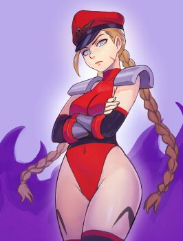 1girl absurdres blonde_hair blue_eyes braid cammy_white commentary cosplay crossed_arms english_commentary fingerless_gloves gloves groin hat highleg highleg_leotard highres leotard long_hair looking_at_viewer m._bison m._bison_(cosplay) navel peaked_cap red_leotard scar scar_on_face street_fighter thighhighs twin_braids watcher_hollow