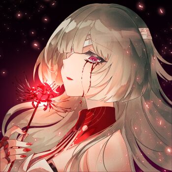 Rule 34 | bandage over one eye, blood, bloody tears, breasts, commentary, fingernails, flower, from side, grey hair, highres, holding, holding flower, leek riiki, long hair, looking at viewer, looking to the side, medium breasts, nail polish, parted lips, phrolova (wuthering waves), portrait, red eyes, red nails, spider lily, turning head, wuthering waves