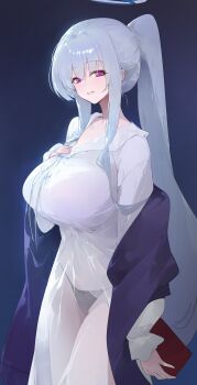 1girl absurdres black_panties blue_archive book breasts covered_navel dokshuri dress halo hand_on_own_chest highres holding holding_book huge_breasts jacket looking_at_another noa_(blue_archive) noa_(pajamas)_(blue_archive) official_alternate_costume official_alternate_hairstyle panties panties_visible_through_clothes parted_lips ponytail purple_eyes purple_jacket see-through_clothes see-through_dress sidelocks smile solo underwear white_dress white_hair white_halo