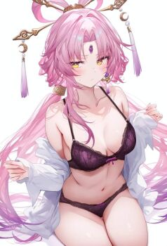 bra fu fu_xuan_(honkai:_star_rail) glowing glowing_eyes honkai:_star_rail honkai_(series) inner long_hair mochimochirice nervous non-web_source open_clothes panties pink_hair shirt underwear undressing white_shirt