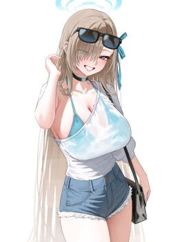 1girl absurdres alternate_costume aqua_bikini aqua_eyes aqua_halo aqua_ribbon asuna_(blue_archive) bag bikini bikini_under_clothes black-framed_eyewear black_bag black_choker blonde_hair blue_archive blue_eyes breasts brown_hair choker clenched_teeth commentary denim denim_shorts ear_piercing english_commentary eyes_visible_through_hair eyewear_on_head hair_over_one_eye hair_ribbon halo hand_up highres kono_(xerondan321) large_breasts long_hair looking_at_viewer piercing ribbon see-through_clothes shirt shirt_tucked_in short_shorts shorts shoulder_bag simple_background single_bare_shoulder smile solo sunglasses swimsuit teeth white_background white_shirt