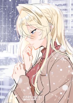 1girl absurdres blonde_hair blue_eyes blush braid brown_coat coat commentary_request eishin29 hair_intakes highres long_hair outdoors ouzuka_mai parted_lips red_sweater side_braid snowing solo sweater translation_request watashi_ga_koibito_ni_nareru_wake_naijan_murimuri!