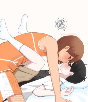 2boys all_fours antenna_hair black_eyes black_sweater_vest blush bright_pupils brown_hair brown_shorts closed_mouth collared_shirt commentary_request dark-skinned_male dark_skin feet_up head_on_pillow highres hisaho kel_(faraway)_(omori) kel_(omori) looking_at_another lying male_focus multiple_boys omori on_back orange_shorts pillow shirt short_hair short_sleeves shorts simple_background socks speech_bubble spoken_blush spoken_squiggle squiggle sunny_(omori) sweatdrop sweater_vest twitter_username watermark white_background white_pupils white_shirt white_socks yaoi