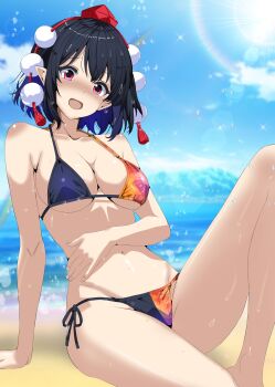 1girl alternate_costume beach bikini black_bikini blue_sky blush breasts cleavage cloud commentary_request day hat highres kitaura_kasumi large_breasts lens_flare looking_at_viewer medium_hair missing_wings multicolored_bikini navel ocean open_mouth orange_bikini outdoors pointy_ears pom_pom_(clothes) red_eyes red_hat shameimaru_aya side-tie_bikini_bottom sitting sky smile solo stomach swimsuit tokin_hat touhou water wet wet_hair