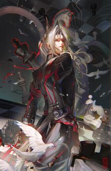 Rule 34 | 1boy, animal ears, arknights, arknights: endfield, bird, black coat, black gloves, chess piece, coat, commentary, cowboy shot, dove, english commentary, extra ears, from behind, gloves, grey hair, hand on own hip, highres, long hair, long sleeves, looking at viewer, looking back, male focus, munjilly, parted lips, pogranichnik (arknights), ponytail, slit pupils, solo, yellow eyes