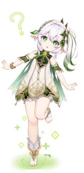 Rule 34 | 1girl, ?, absurdres, bare shoulders, bloomers, bracelet, cape, commentary, cross-shaped pupils, detached sleeves, dress, full body, genshin impact, gold trim, gradient hair, green cape, green eyes, green hair, green sleeves, hair between eyes, hair ornament, head tilt, highres, jewelry, karen neco, leaf hair ornament, leg up, looking at viewer, multicolored hair, nahida (genshin impact), open mouth, pointy ears, side ponytail, sleeveless, sleeveless dress, solo, standing, standing on one leg, stirrup legwear, symbol-shaped pupils, toeless legwear, toes, underwear, white bloomers, white dress, white hair