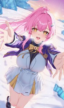 Rule 34 | + +, 1girl, 4ddd, absurdres, aemeath (wuthering waves), alternate costume, black shoes, bow, bowtie, breasts, breath, collared dress, commentary, dress, dutch angle, english commentary, floating hair, footprints, gradient sky, hair between eyes, hair intakes, hair ornament, highres, large breasts, loafers, long hair, long sleeves, looking at viewer, open mouth, outdoors, outstretched arms, pink hair, pink sky, ponytail, reaching, reaching towards viewer, shoes, sky, smile, snow, snowing, solo, standing, standing on one leg, steam, sunset, symbol-shaped pupils, teeth, thighs, two-tone dress, upper teeth only, very long hair, white dress, wuthering waves, yellow bow, yellow bowtie, yellow eyes