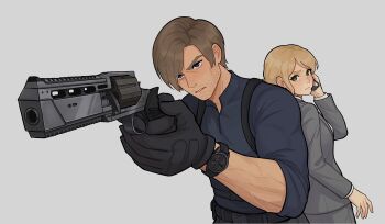 Rule 34 | 1boy, 1girl, ashley graham, back-to-back, beard stubble, black gloves, blonde hair, blue eyes, blue shirt, breasts, collared shirt, facial hair, formal clothes, furrowed brow, gloves, green eyes, grey background, grey jacket, grey suit, gun, handgun, hashtag-only commentary, headset, highres, holding, holding gun, holding weapon, jacket, leon s. kennedy, light frown, medium breasts, parted bangs, parted lips, resident evil, resident evil 4, shirt, short hair, stubble, suit, suit jacket, updo, veroq77, watch, weapon, white shirt, wristwatch