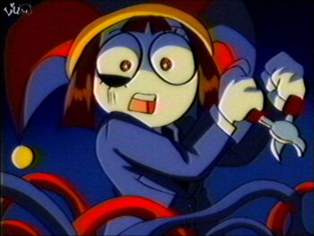 1990s_(style) 1girl asymmetrical_gloves blue_eyes blue_gloves blush_stickers bomb brown_hair colored_skin explosive gloves hat highres jester jester_cap lueduar mismatched_gloves multicolored_eyes pomni_(the_amazing_digital_circus) red_eyes red_gloves retro_artstyle scene_reference striped_clothes striped_headwear the_amazing_digital_circus two-tone_eyes vertical-striped_clothes vertical-striped_headwear wire wrench