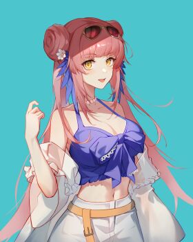 Rule 34 | 1girl, 2sankta, absurdres, aqua background, arknights, bare shoulders, bikini, bow, breasts, ceylon (arknights), ceylon (holiday) (arknights), chinese commentary, cleavage, collarbone, cowboy shot, eyewear on head, flower, hair flower, hair ornament, hand up, highres, jewelry, large breasts, long hair, midriff, navel, necklace, off shoulder, official alternate costume, open mouth, pearl necklace, pink hair, purple bikini, purple bow, red-tinted eyewear, see-through clothes, see-through sleeves, short sleeves, shorts, simple background, smile, solo, standing, swimsuit, tinted eyewear, white flower, white shorts, yellow eyes