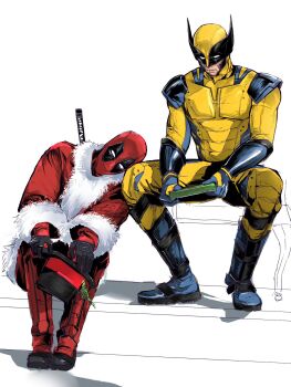 2boys beard black_gloves blue_bodysuit blue_gloves bodysuit christmas crutch_c deadpool deadpool_&amp;_wolverine deadpool_(series) facial_hair full_body fur-trimmed_jacket fur_trim gloves hat highres holding holding_unworn_clothes holding_unworn_hat jacket leaning_on_person male_focus marvel mask multicolored_bodysuit multiple_boys muscular muscular_male parted_lips red_bodysuit red_mask santa_costume sitting superhero_costume sword sword_on_back top_hat two-tone_bodysuit unworn_hat unworn_headwear weapon weapon_on_back wolverine_(x-men) x-men yaoi yellow_bodysuit