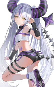 1girl armband ass black_arm_warmers black_nails black_shorts collar colored_shoe_soles crop_top flat_chest from_behind grey_hair hair_between_eyes hashtag-only_commentary highres hololive horns huge_horns karanashi_noma la+_darknesss long_hair looking_at_viewer looking_back metal_collar midriff nail_polish necktie purple_necktie purple_streaks shirt shoes short_shorts shorts simple_background sneakers solo standing standing_on_one_leg stomach_tattoo striped_horns tail tattoo thigh_strap twintails very_long_hair virtual_youtuber white_background white_shirt yellow_eyes