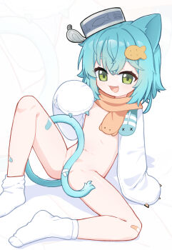 1girl :d animal_ears animal_hands aqua_hair arm_support bandaid bandaid_on_leg blue_hair blue_tail bottomless cat_ears cat_girl cat_tail convenient_censoring convenient_tail crossed_bangs double-parted_bangs fang fish_hair_ornament flat_chest full_body gloves green_eyes hair_between_eyes hair_ornament indie_virtual_youtuber jacket knee_up krumroll loli long_sleeves looking_at_viewer multiple_tails navel needle_(574187457) no_shoes open_mouth orange_scarf paw_gloves scarf short_hair simple_background sitting skin_fang sleeves_past_fingers sleeves_past_wrists smile socks solo spread_legs tail thick_eyebrows two_tails white_background white_jacket white_socks