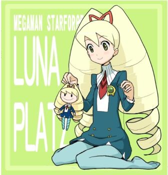 1girl bad_id blonde_hair blue_dress blue_pantyhose bow character_name copyright_name dress drill_hair green_background green_eyes hair_bow heriyama long_hair luna_platz_(mega_man) mega_man_(series) mega_man_star_force_(series) pantyhose sitting smile stuffed_toy twin_drills very_long_hair
