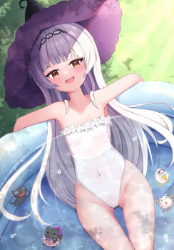1girl blunt_bangs casual_one-piece_swimsuit cat commentary_request cowboy_shot dress flat_chest frilled_one-piece_swimsuit frills from_above grey_hair hat highleg highleg_one-piece_swimsuit highres hololive long_hair makino_maki murasaki_shion murasaki_shion_(1st_costume) neko_(minato_aqua) one-piece_swimsuit poyoyo_(nakiri_ayame) purple_hat shiokko_(murasaki_shion) short_eyebrows sidelocks sitting solo strapless strapless_dress subaru_duck swimsuit virtual_youtuber wading_pool white_one-piece_swimsuit witch_hat yellow_eyes