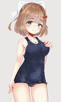 1girl asahi_(kancolle) black_one-piece_swimsuit breasts brown_hair cowboy_shot gluteal_fold grey_background grey_eyes hair_ribbon hand_on_own_chest highres kantai_collection large_breasts long_hair looking_at_viewer mf_u_c mole mole_under_mouth one-piece_swimsuit ribbon school_swimsuit short_hair solo swimsuit white_ribbon
