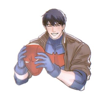 1boy akaka831 bat_signal batman_(series) batman_symbol black_bodysuit black_gloves black_hair bodysuit brown_jacket dc_comics gloves grey_bodysuit highres holding jacket jason_todd male_focus mask multicolored_bodysuit muscular muscular_male open_clothes red_hood_(dc) red_hood_and_the_outlaws red_mask short_hair superhero_costume taut_bodysuit two-tone_bodysuit